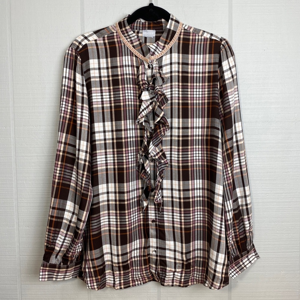 Chico’s Brown Orange Pink Plaid Long Sleeve Ruffle Button Up Top